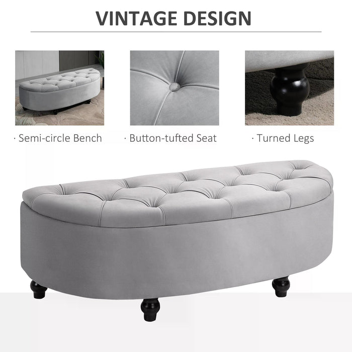 Semi-Circle Ottoman Bench - Tufted Upholstered Footrest and Accent Seat with Rubberwood Legs - Space-Saving Storage for Entryway & Bedroom, Grey