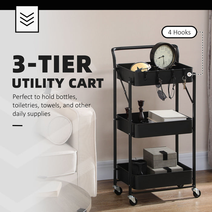 Foldable 3-Tier Rolling Utility Cart - Mesh Basket Storage with 4 Hooks, Black - Space-Saving Organizer for Living Room, Laundry, Kitchen