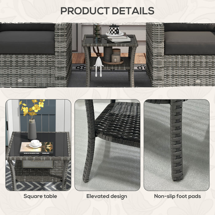 PE Rattan Wicker Coffee Table - 50cm Two-tier Outdoor Side Table with Glass Top - Ideal for Patio, Garden, Balcony in Grey