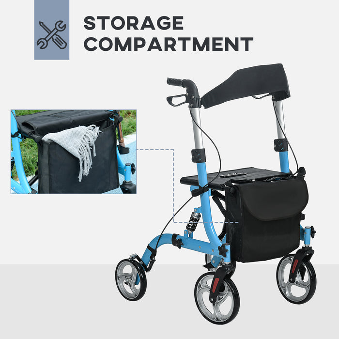 Lightweight 4-Wheel Rollator - Folding Mobility Walker with Seat, Large Wheels, and Carry Bag - Ideal for Seniors, Adjustable Height, Dual Brakes, in Blue