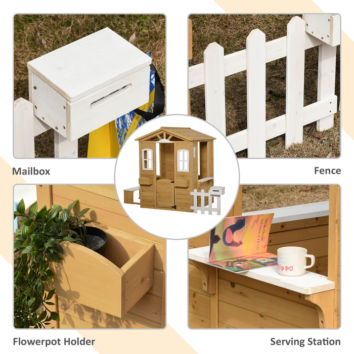 Wooden Playhouse with Accessories - Outdoor Playhouse with Doors, Windows, Mailbox, and Flower Pot Holder - Fun and Creative Play for Kids and Toddlers