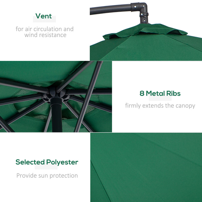 Garden Banana Parasol Umbrella with Crank Handle - 3m Hanging Cantilever Sun Shade, Green with Cross Base - Ideal for Outdoor Leisure and Patio Relaxation