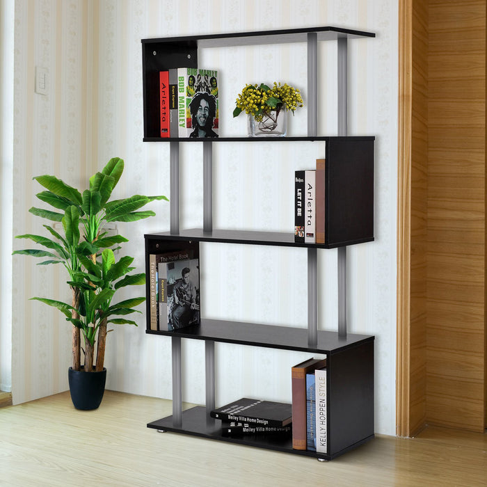 S-Shape Wooden Bookshelf - Versatile Storage and Display Unit in Black - Ideal for Book Lovers and Space Saving