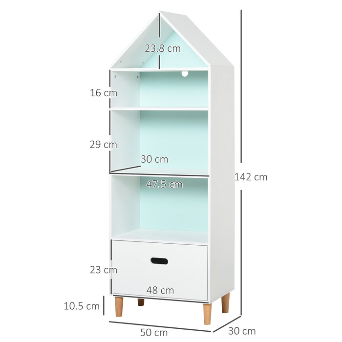 Kids MDF 5-Tier Bookshelf with Drawer - Space-Saving White & Blue Design for Children's Books and Toys Storage - Perfect for Playroom and Bedroom Organization