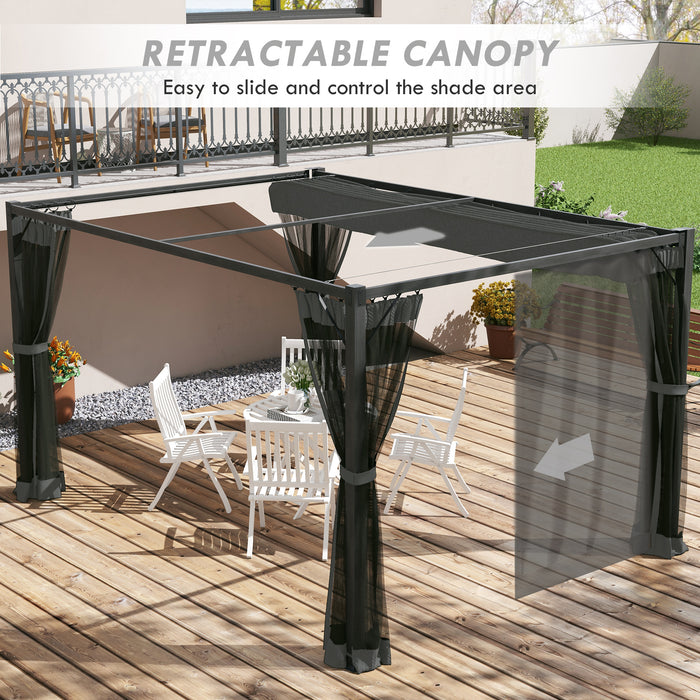 Retractable Pergola 3x4m with Nettings - Outdoor Garden Gazebo Shelter for Grill and Patio - Ideal Deck Cover in Dark Grey