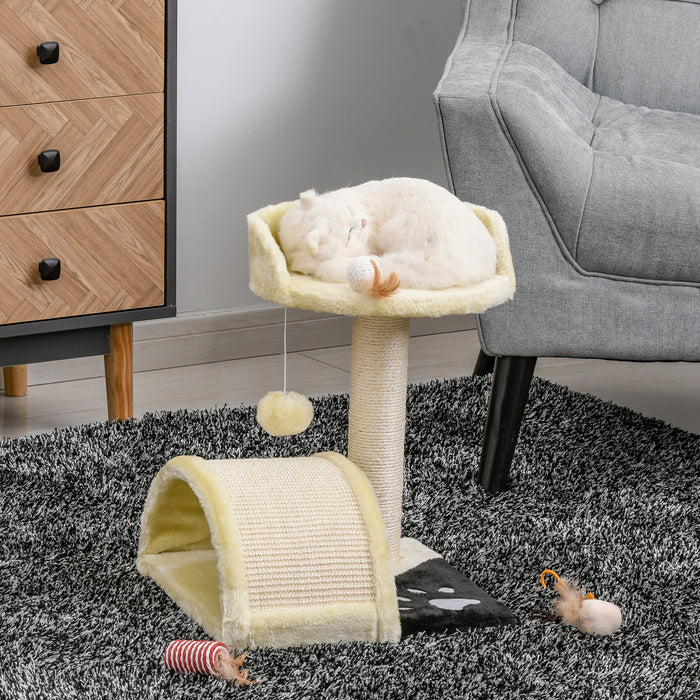 Cat Tree and Scratching Post - Kitten Activity Centre with Climber & Hanging Ball in Beige - Ideal for Playful Cats and Scratch Training