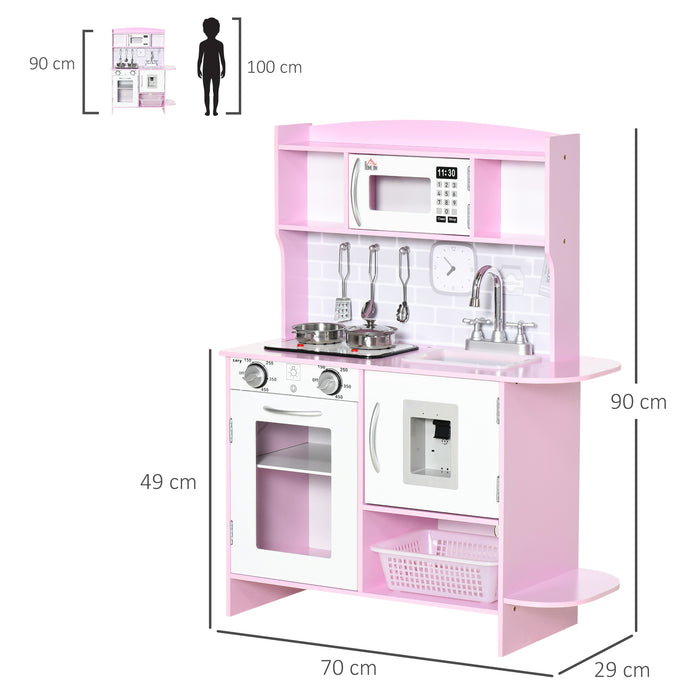 Interactive Wooden Play Kitchen Set - Featuring Lights, Sounds, Water Dispenser, Microwave & Sink - Ideal Gift for Toddlers Aged 3-6, in Playful Pink