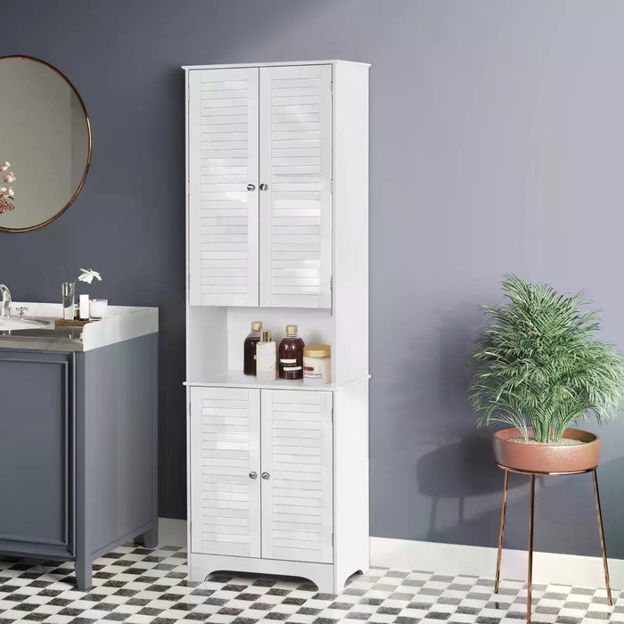 6-Tier Freestanding Bathroom Cabinet in White - MDF Multi-Level Storage Organizer - Space-Saving for Toiletries and Linens