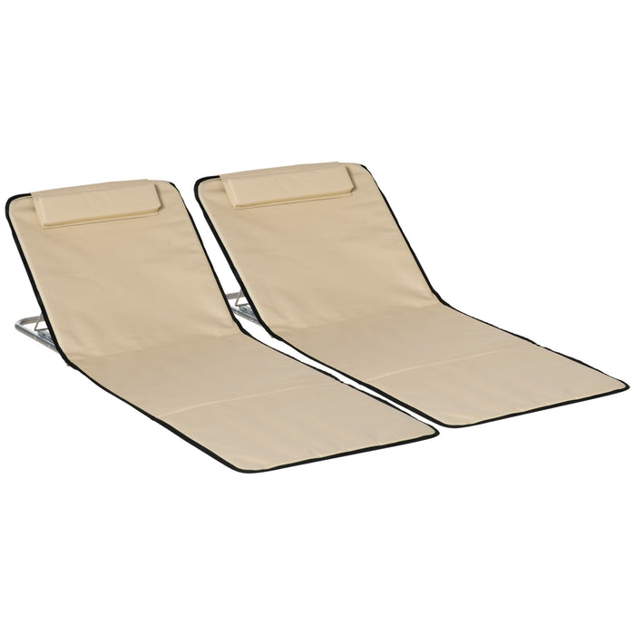 Foldable Garden Beach Chair Mat Duo - Lightweight Adjustable Sun Lounger with Metal Frame and PE Fabric - Perfect for Outdoor Relaxation with Head Pillow, Beige