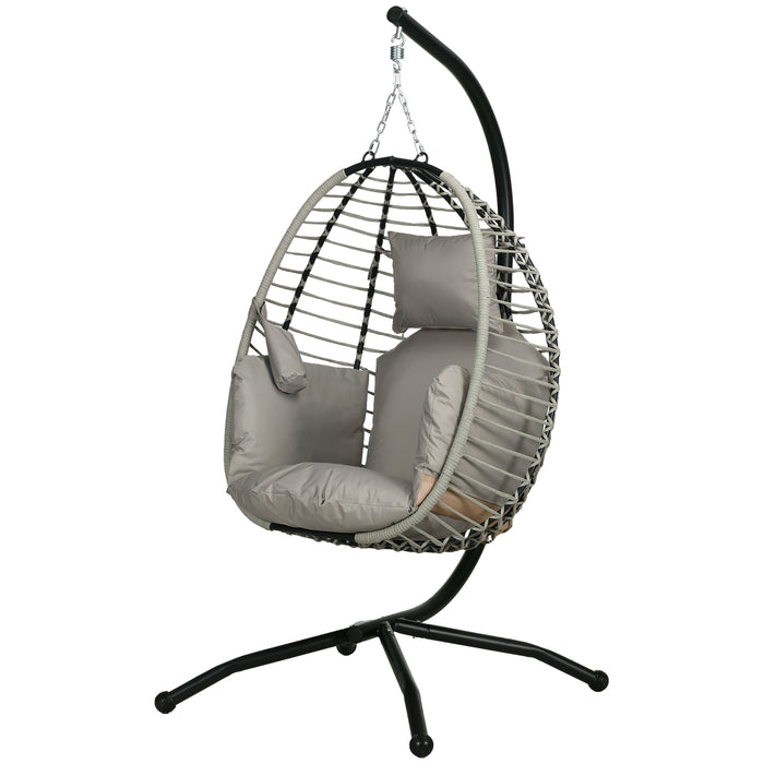 Outdoor Swing Chair with Cushioned Seat - Sturdy Metal Stand, Foldable Basket Design, Built-In Cup Holder - Comfy Hanging Lounger for Patio or Indoor Use, Grey