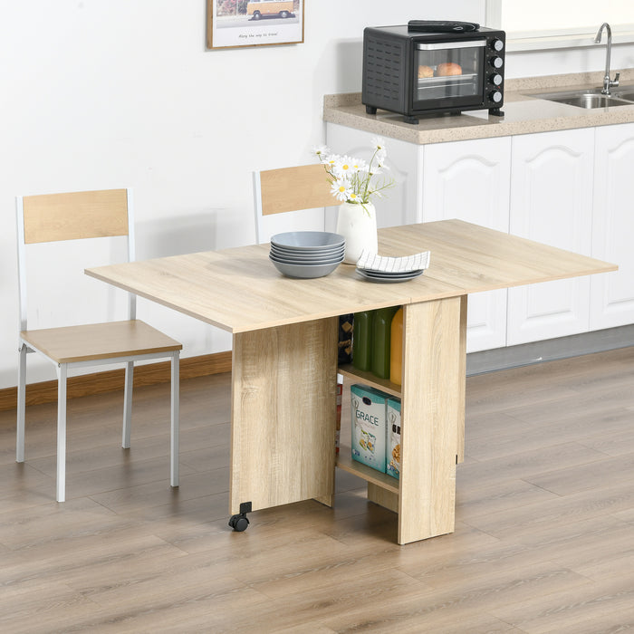 Mobile Oak Drop-Leaf Table - Space-Saving Folding Kitchen Desk with 2 Wheels & Storage - Ideal for Small Dining Areas and Workspaces