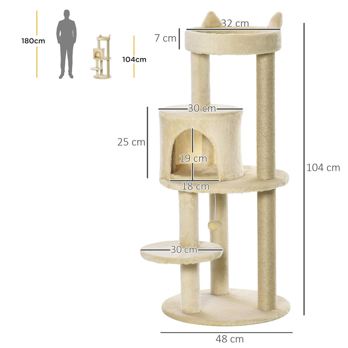 Sisal-Covered Cat Tree Tower - Beige Scratching Post and Activity Center, 48x48x104cm - Ideal for Active Cats and Scratch Training