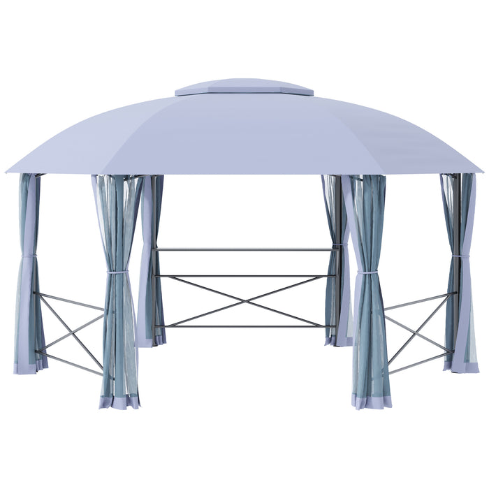 Hexagon Metal Gazebo Canopy 4x4.7m - Outdoor Patio Shelter with 2-Tier Roof and Netting, Steel Frame in Grey - Elegant Sun Shade for Garden Spaces