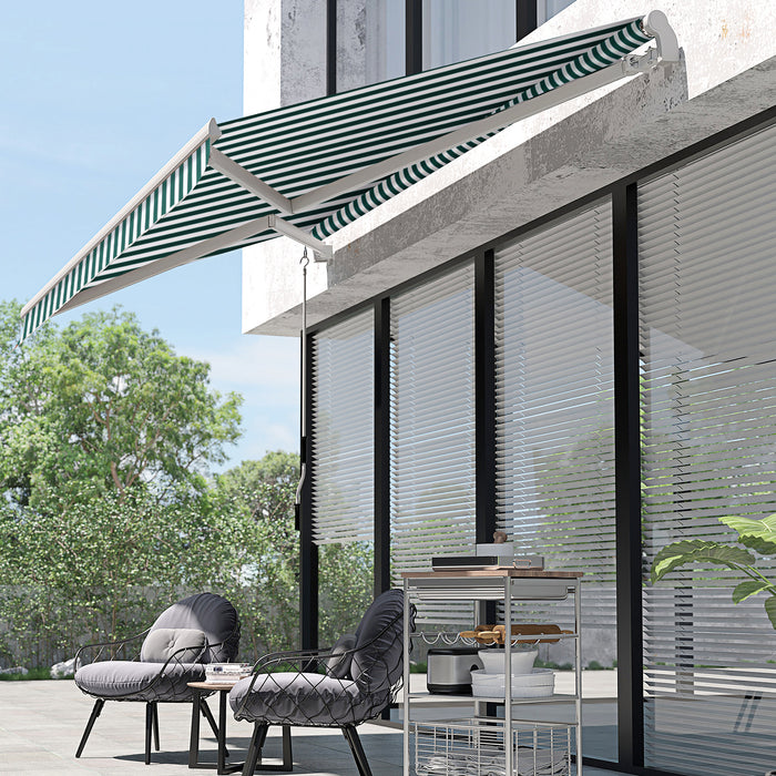 3M x 2.5M Manual Retractable Awning - Garden Patio Sun Shade Shelter with Winding Handle, Green/White - Ideal for Outdoor Relaxation and Protection