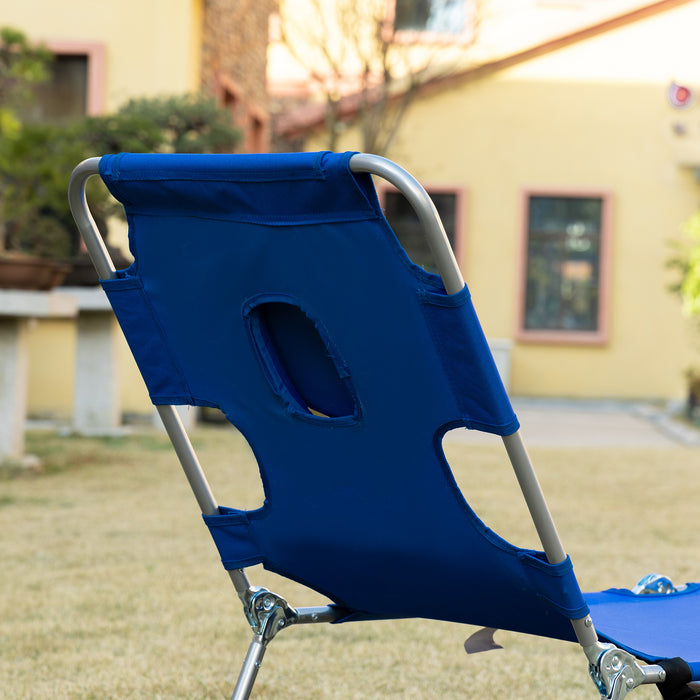 Portable Sun Lounger with Face Cavity and Arm Slots - 5-Position Adjustable Reclining Beach Chaise Lounge in Blue - Ideal for Sunbathing and Relaxation Outdoors