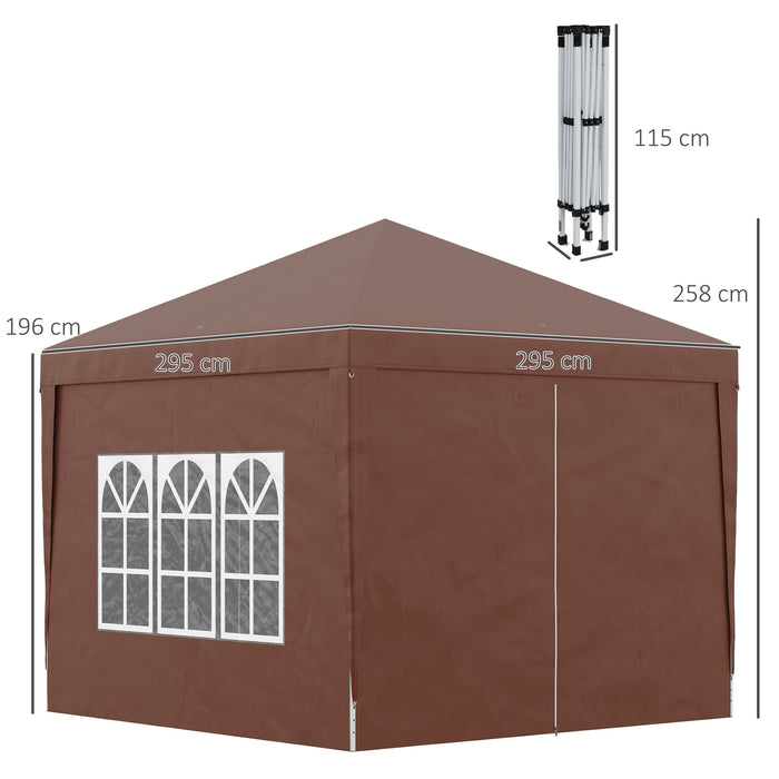 3x3m Pop-Up Gazebo Canopy - Wedding Party Tent with Windows & Carry Bag - Outdoor Event Shelter in Coffee Color