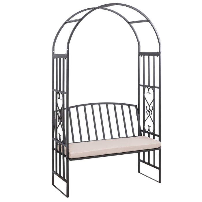 Outdoor Metal Arch Bench with Cushion - Patio Rose Trellis Arbour Chair, Climbing Plant Support - Garden Pergola Seating for Relaxation and Landscaping