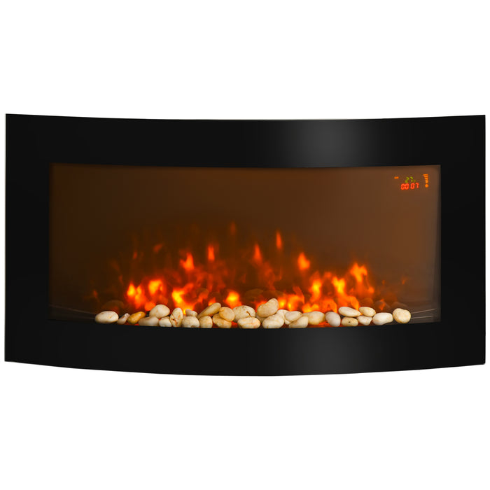 Curved Glass LED Electric Fireplace with 7 Colour Side Lights - Wall Mounted, Slimline Design, 1000/2000W Heating - Enhances Ambiance for Modern Homes, Size 89.2cm x 48cm