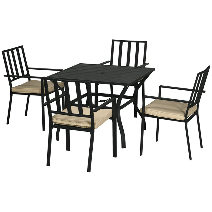 Outdoor 5-Piece Dining Set - Garden Table with Metal Top and Umbrella Hole, 4 Stackable Chairs with Cushions - Ideal for Patio Hosting and Family Meals