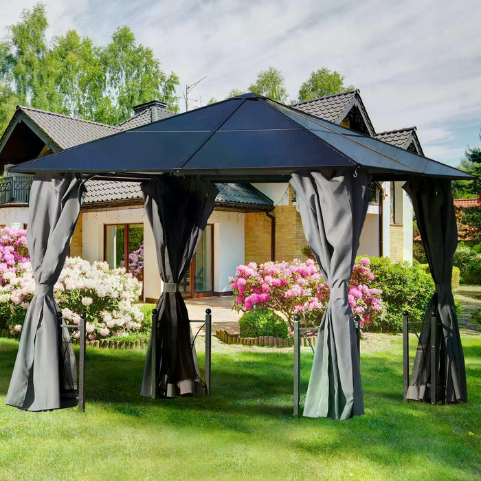 Hardtop Gazebo Canopy with Polycarbonate Roof 3 x 3m - Steel & Aluminium Garden Pavilion, Mosquito Netting and Curtains in Black - Ideal Outdoor Shelter for Entertainment and Relaxation