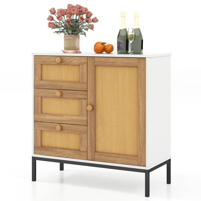 Rattan Sideboard - Buffet Cabinet with 1 Door and 3 Drawers - Ideal for Stylish Storage Solutions