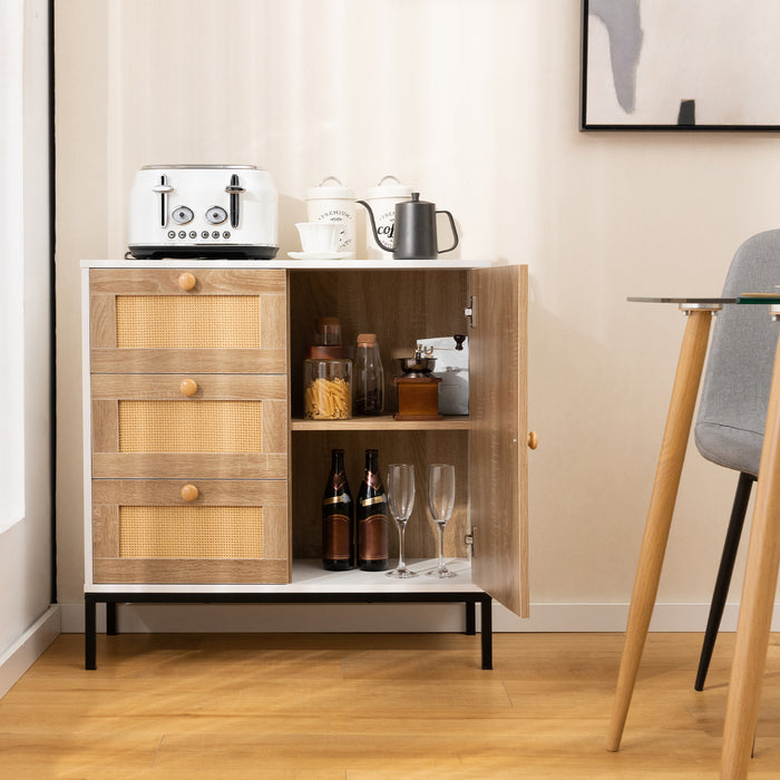 Rattan Sideboard - Buffet Cabinet with 1 Door and 3 Drawers - Ideal for Stylish Storage Solutions