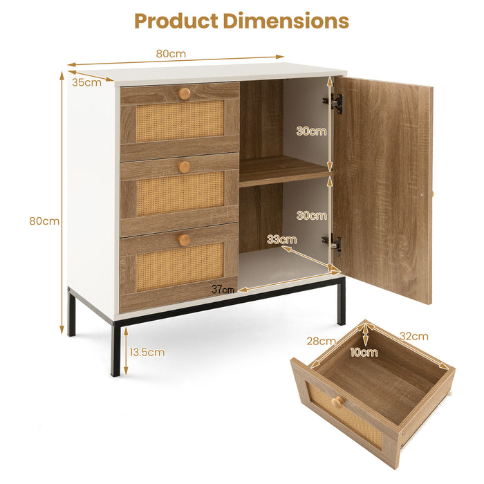 Rattan Sideboard - Buffet Cabinet with 1 Door and 3 Drawers - Ideal for Stylish Storage Solutions