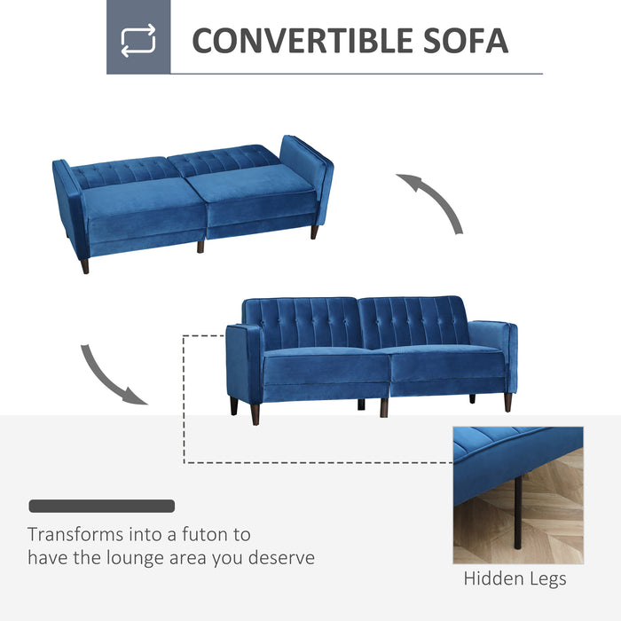 Convertible Velvet Sofa Futon - Tufted Loveseat with Adjustable Split Back Design - Stylish Compact Couch for Small Living Spaces, Blue