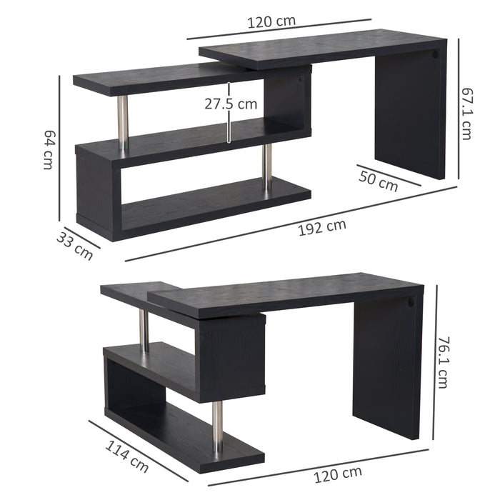 Rotating L-Shaped Corner Desk - 360° Swivel Home Office Computer Workstation with Storage Shelf - Space-Saving Writing Table for Professionals and Students