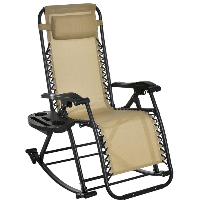 Folding Garden Rocking Chair with Side Holder - Outdoor Beige Zero-Gravity Recliner, Adjustable Sun Lounger with Headrest - Ideal for Patio Deck Relaxation