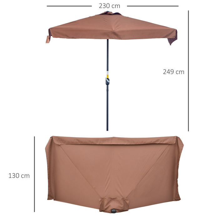 2.3m Semi-Circle Patio Parasol - Durable Metal Frame with Crank Handle, Half Umbrella Design for Balconies - Ideal for Small Spaces, Base Not Included, in Elegant Brown