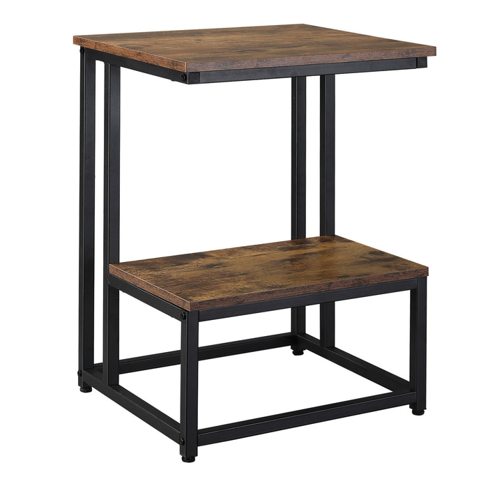 Double Layer Modern Side Table with Steel Frame - Rustic Brown End Table, Adjustable Non-Slip Feet - Ideal for Living Room, Bedroom Spaces