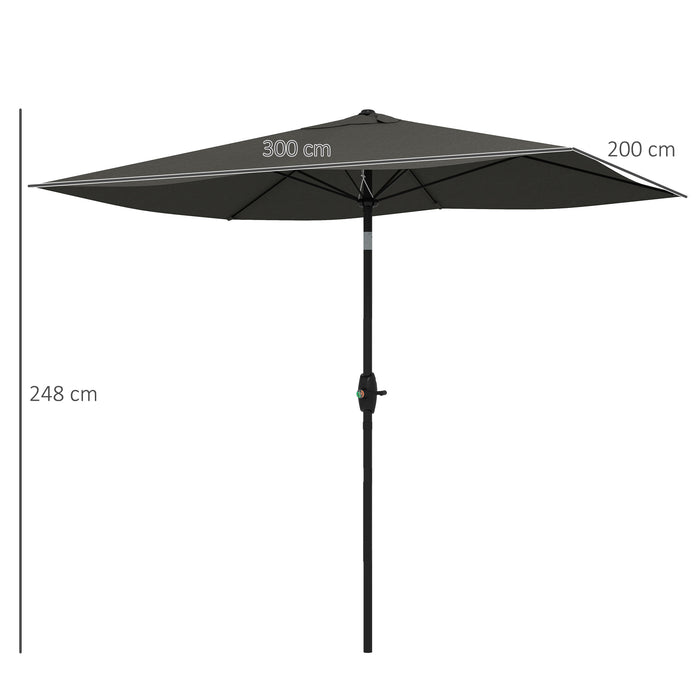 Rectangular Garden Parasol Umbrella with Crank and Tilt Function - 2 x 3m Outdoor Sun Shade, 6-Rib Aluminium Structure - Ideal for Market, Patio, Backyard Sun Protection