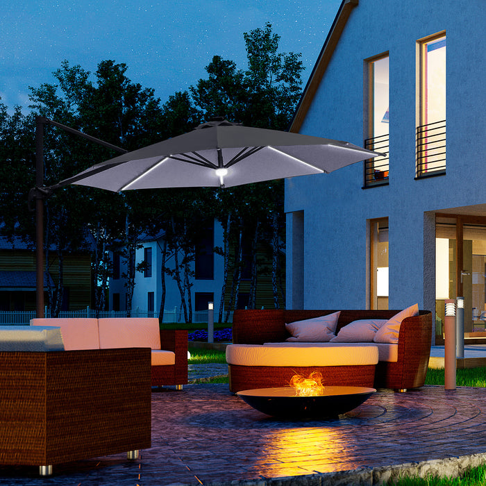 Cantilever Roma Umbrella with LED Solar Light - 3m Outdoor Patio Sun Shade, Cross Base, 360° Rotation, Grey - Ideal for Garden Illumination and Protection