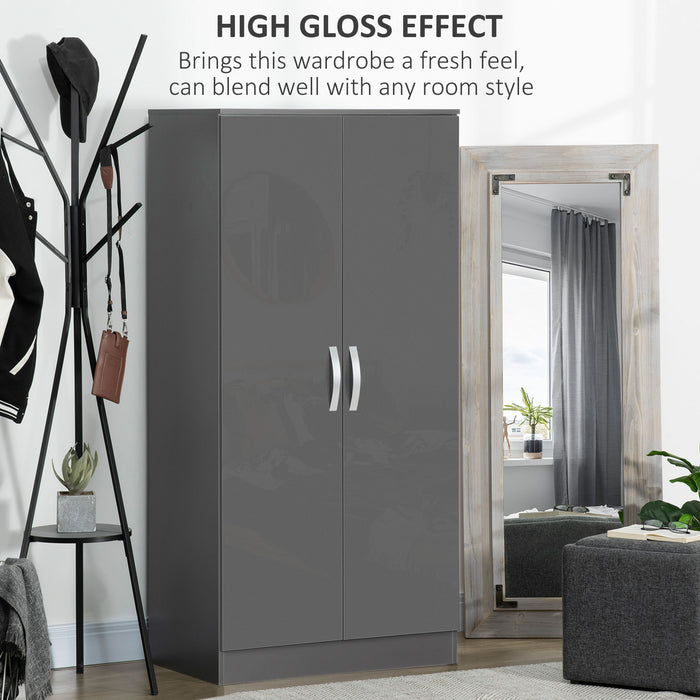 High Gloss Grey Wardrobe with Hanging Rod and Shelf - 2-Door Clothes Organizer with Anti-Tip Safety - Ideal Bedroom Storage Solution