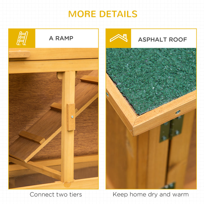 Double Decker 2-Tier Rabbit Hutch - Outdoor Guinea Pig House with Slide-Out Tray, Asphalt Roof & Ramp, 100x47x91cm - Ideal Shelter for Small Pets in Yellow