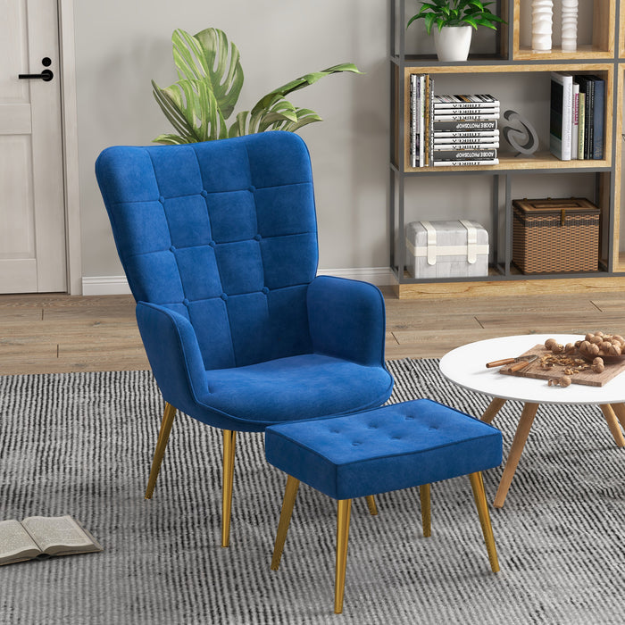 Modern Button Tufted Wingback Armchair with Footstool - Upholstered Dark Blue Accent Chair, Gold Tone Steel Legs - Elegant Seating Solution for Contemporary Home Decor