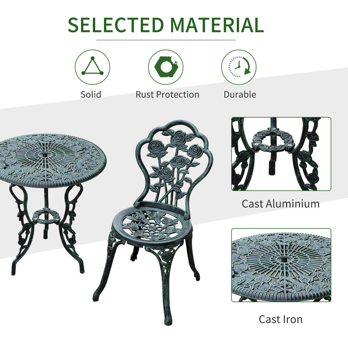 Elegant Cast Aluminium Bistro Set - 3-Piece Green Patio Garden Table and Chairs - Outdoor Entertaining and Dining Furniture