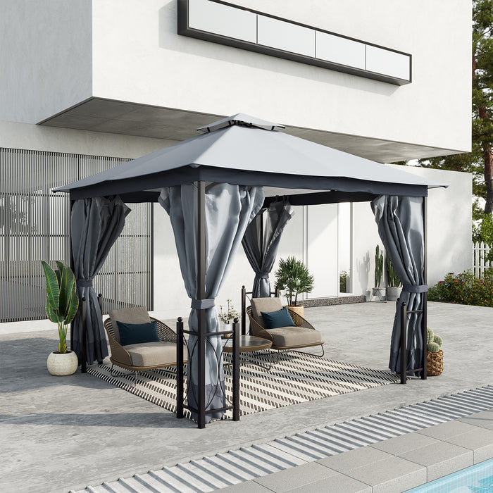 Outdoor Metal Gazebo Canopy 4x3.35m - Dual-Tier Roof, Sun Shade, Mosquito Netting & Privacy Curtains - Elegant Shelter for Garden & Patio Entertaining