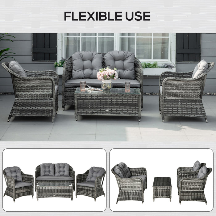 4-Seater PE Rattan Wicker Sofa Set - Outdoor Conservatory Patio Furniture with Coffee Table and Grey Cushions - Ideal for Lawn Gatherings and Relaxation