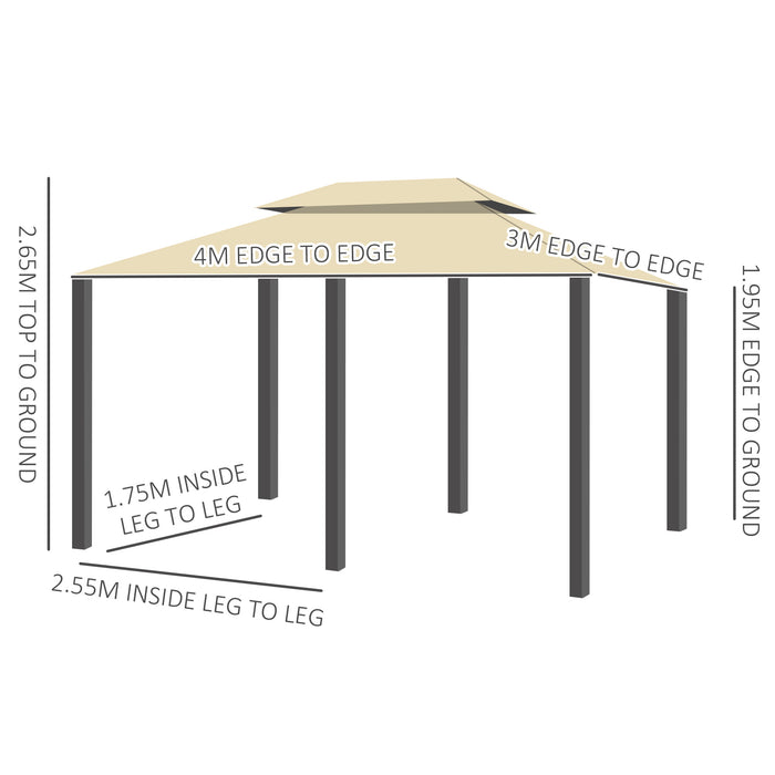 4m x 3m Metal Gazebo - Outdoor Canopy Party Tent with Beige Curtains Sidewalls - Ideal Garden Pavilion Patio Shelter for Events & Gatherings