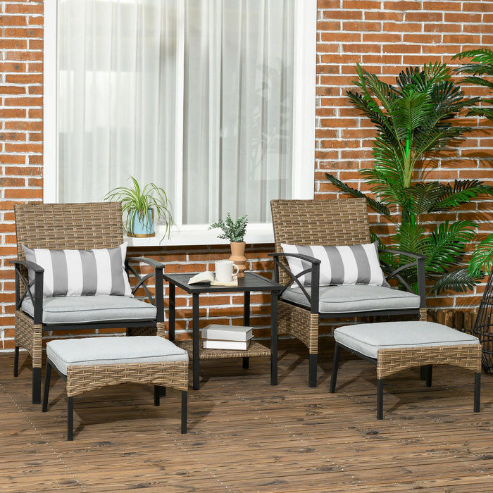 5-Piece PE Rattan Garden Set with Steel Tabletop - Includes 2 Armchairs, 2 Stools & Wicker Shelf - Comfy Padded Outdoor Seating for Patio & Backyard