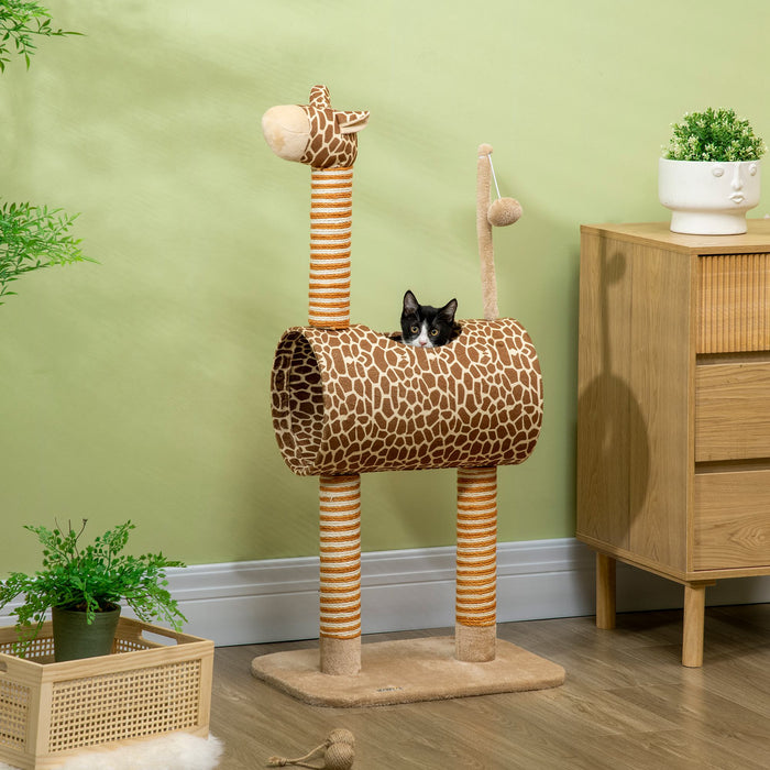 Giraffe-Inspired Cat Tree with Scratching Posts - Indoor Kitten Play Tower with Tunnel and Ball Toy - Perfect Playhouse for Active Cats and Kittens