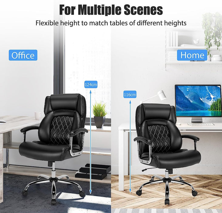 Black Leather Office Chair with Rocking Mode - Comfortable Seating Solution with Armrests - Ideal for Workplace or Home Office Use