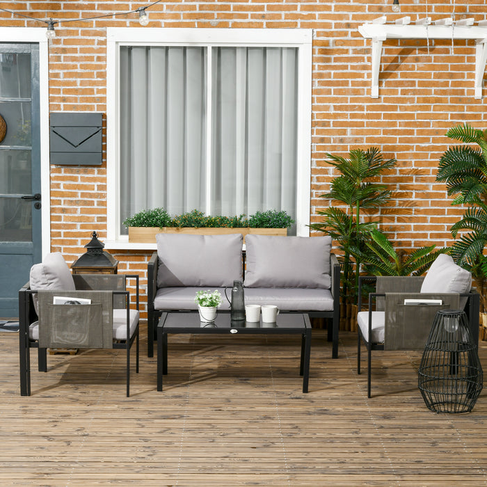 4-Piece Metal Garden Furniture Set - Tempered Glass Top Coffee Table & Comfy Loveseat with Single Armchairs - Ideal for Patio Relaxation and Outdoor Entertainment