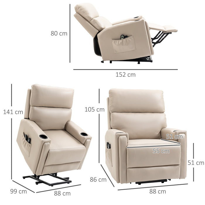 Electric Riser Recliner Chair with Massage and Heat - Vibration Massage, Cup Holders, Side Pockets in Beige - Ideal for Elderly and Individuals with Mobility Issues