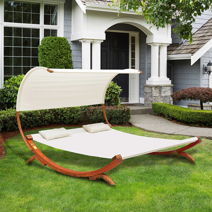 Wooden Double Sun Lounger with Canopy - Hammock Chaise Day Bed, Cream Finish - Ideal for Patio Relaxation and Outdoor Comfort