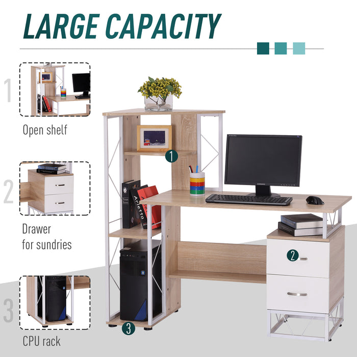 Multi-Shelf Computer Writing Desk with 2 Drawers - Spacious PC Workstation for Home Office - Ideal Study Table for Students & Professionals