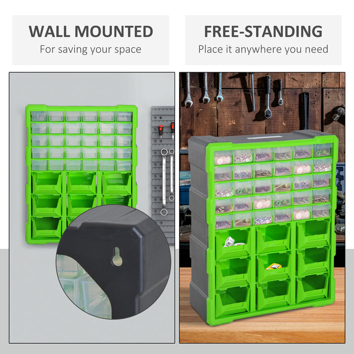 39-Drawer Organizer Cabinet - Compact Plastic Storage Solution, 38x16x47.5 cm, in Green - Ideal for Home, Office or Workshop Organization