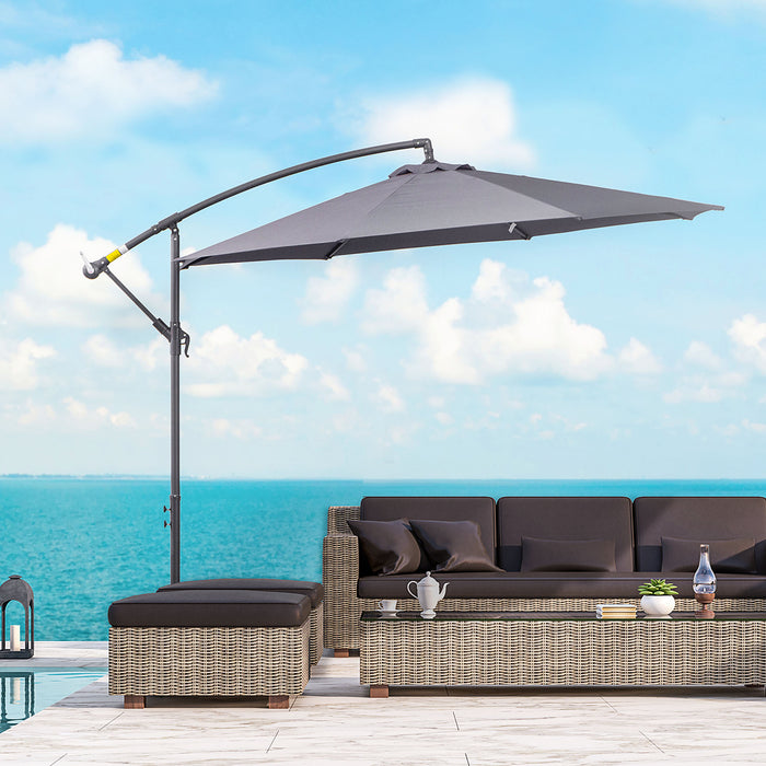 Garden Banana Parasol Cantilever Umbrella - Grey 3m Outdoor Sun Shade with Crank Handle and Cross Base, 8 Ribs - Ideal for Patio, Relaxation, and UV Protection